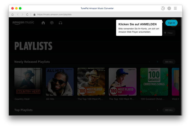 Melden Sie sich mit Amazon Music unlimited-Konto auf dem TunePat Mac