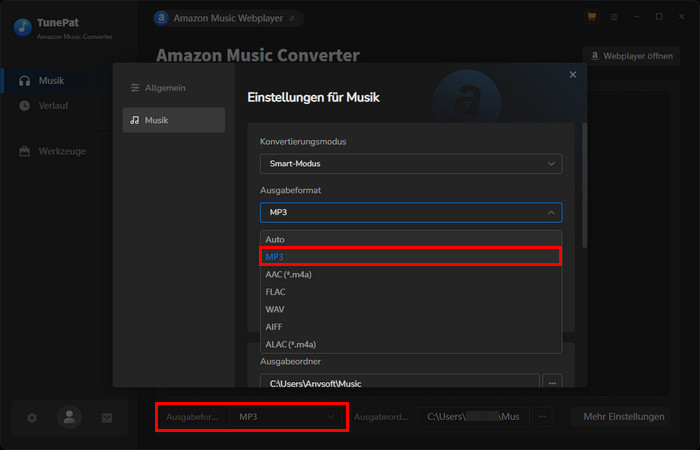 Ausgabeformat auf MP3 einstellen