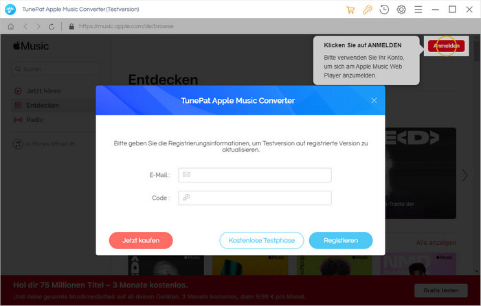 TunePat Apple Music Converter registrieren