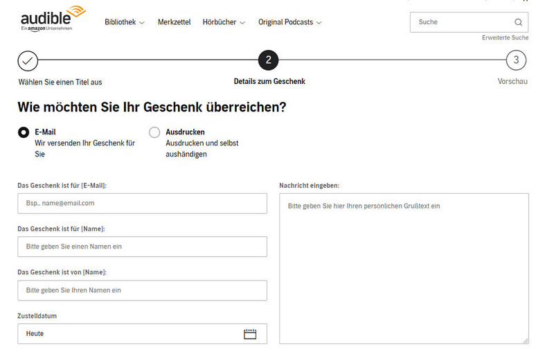 Das Hörbuch als Geschenkkarte oder per E-Mail versenden