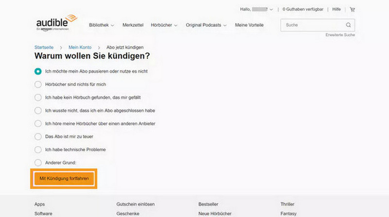 Bei Audible 'Mit Kündigung fortfahren' bestätigen