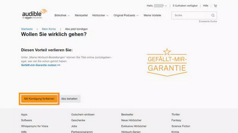 Mit Kündigung fortfahren in Audible