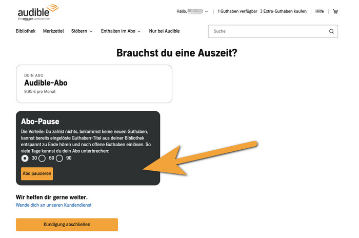 Audible Abo pausieren