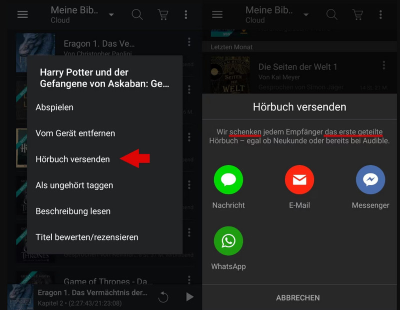 Via 'Hörbuch versenden' Audible Hörbücher teilen
