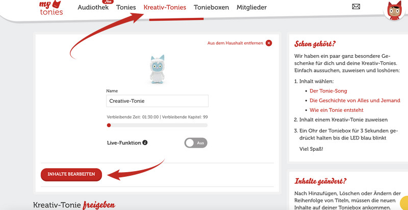 Inhalte bearbeiten auf Kreativ Tonies