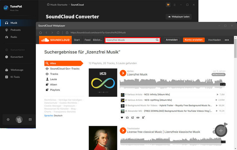 Lizenzfreie Musik im SoundCloud Webplayer suchen und herunterladen