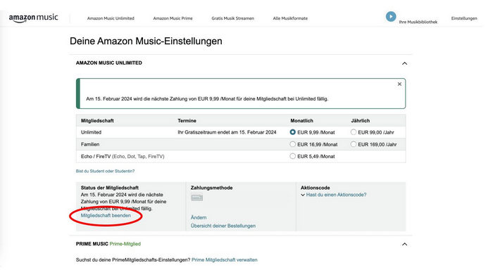Mitgliedschaft von Amazon Music Student beenden