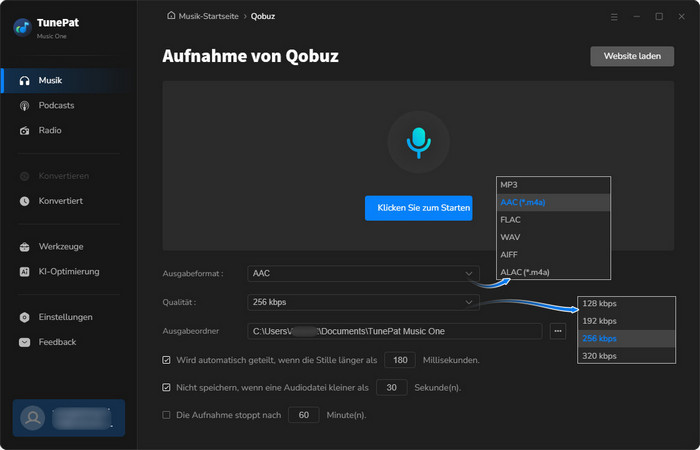 Ausgabeformat für Qobuz Songs einstellen