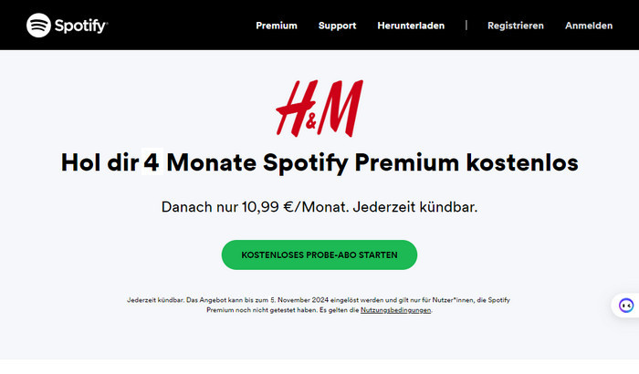 Spotify Premium bei HM 4 Monate kostenlos