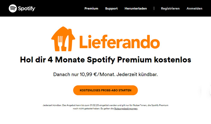 Spotify Premium bei Lieferando 4 Monate kostenlos
