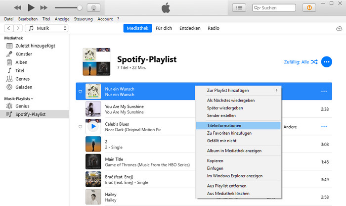 Titelinformationen von Spotify in iTunes anzeigen